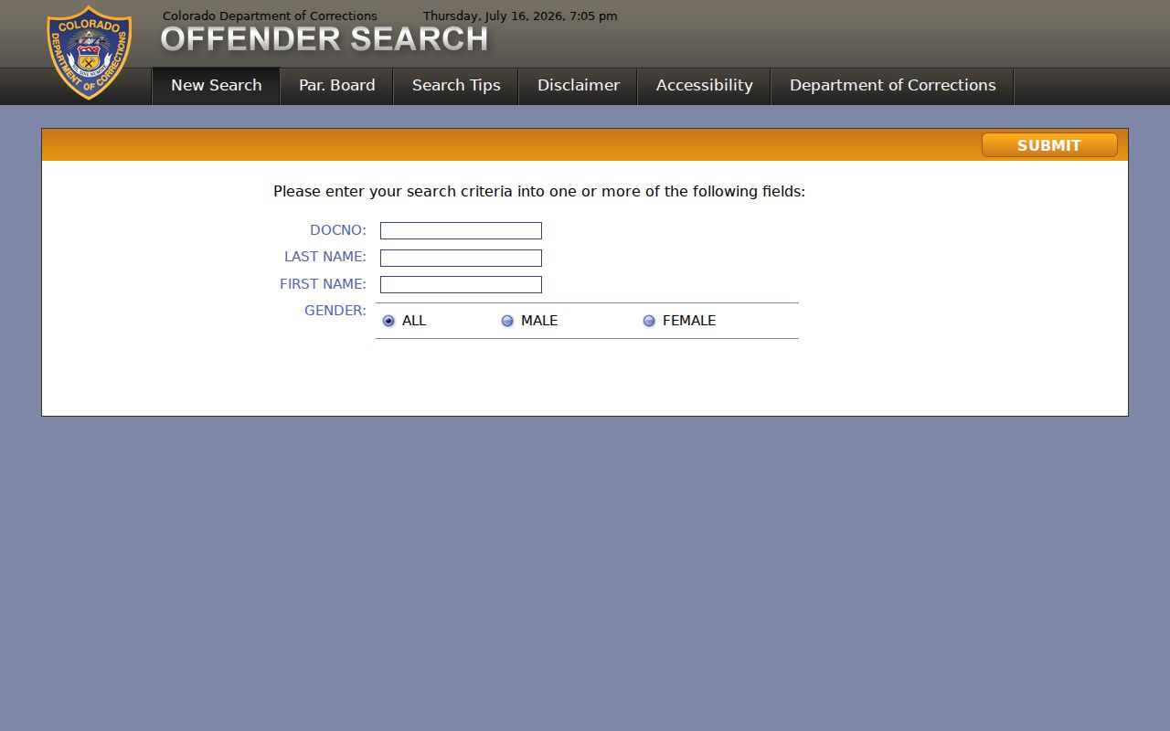 Colorado Department of Corrections Offender Search interface