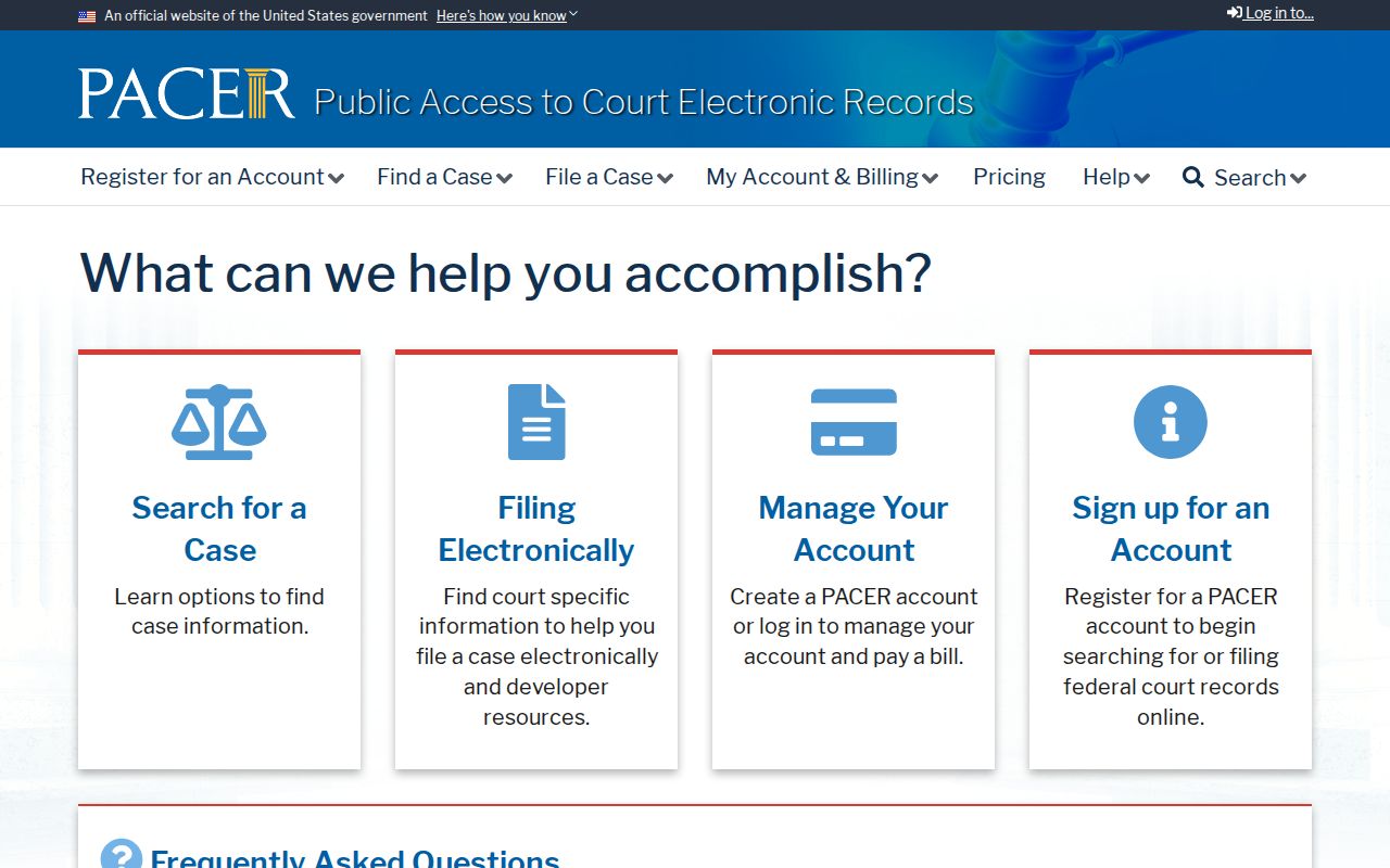 Official PACER federal court records service homepage