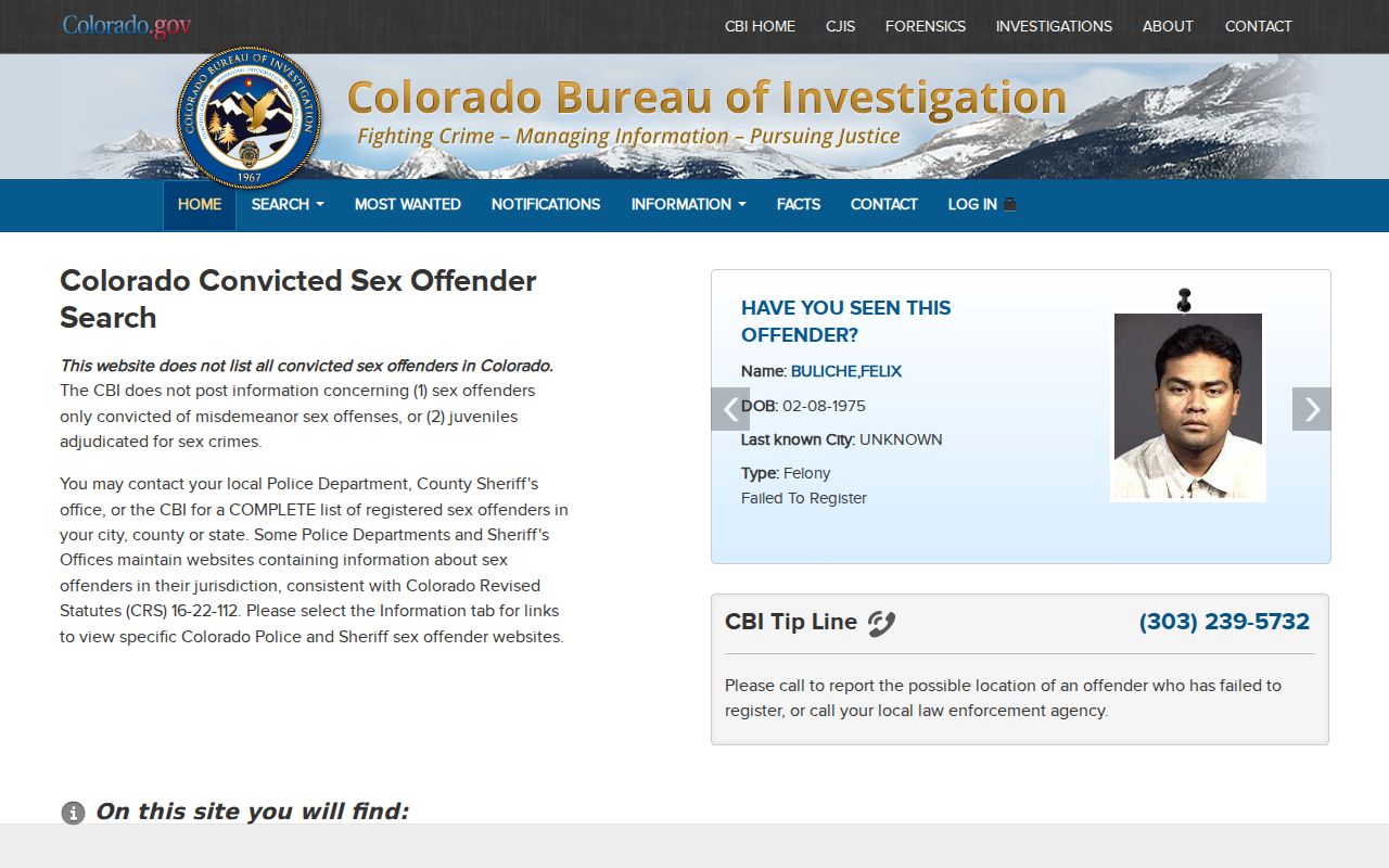 Mineral County sex offender search interface on the Colorado registry